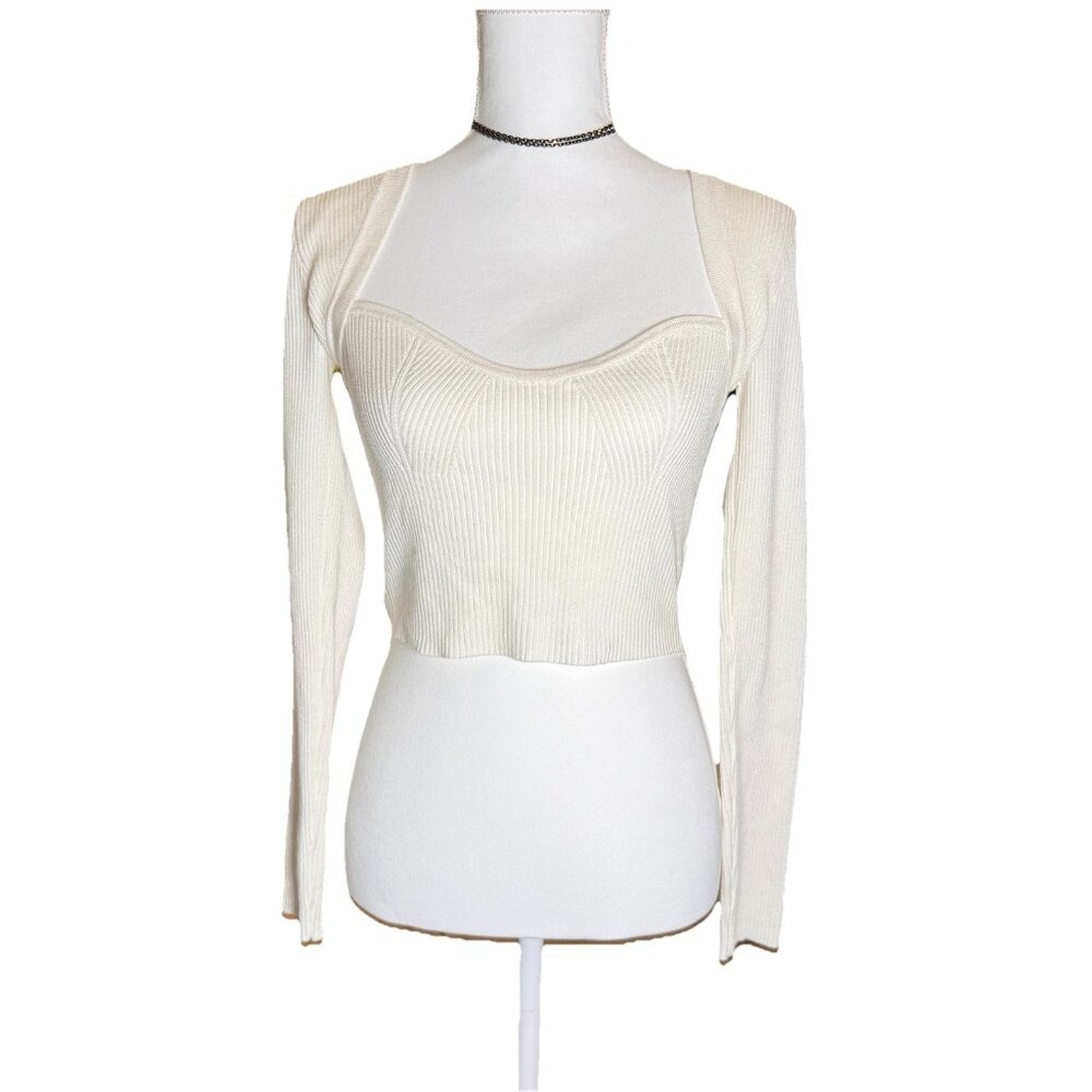 Nectar Clothing Cream Sweetheart Neckline Long Sleeve Ribbed Crop Top Size Small